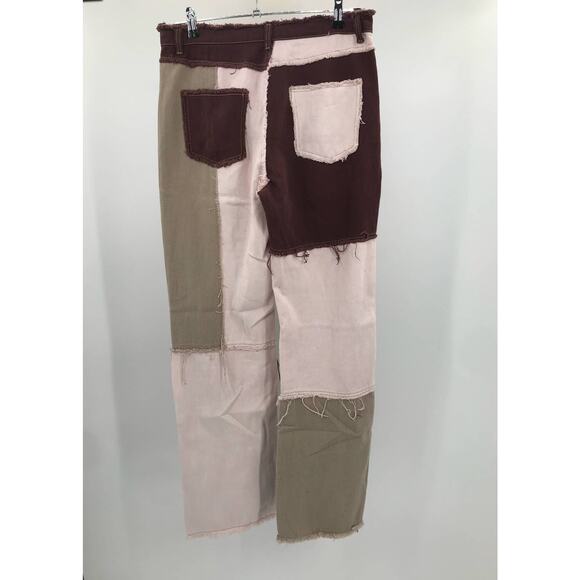 SHEIN Burgundy Pink Tan Patch High Rise Loose Straight Raw Hem Jeans Womens L - Picture 2 of 4